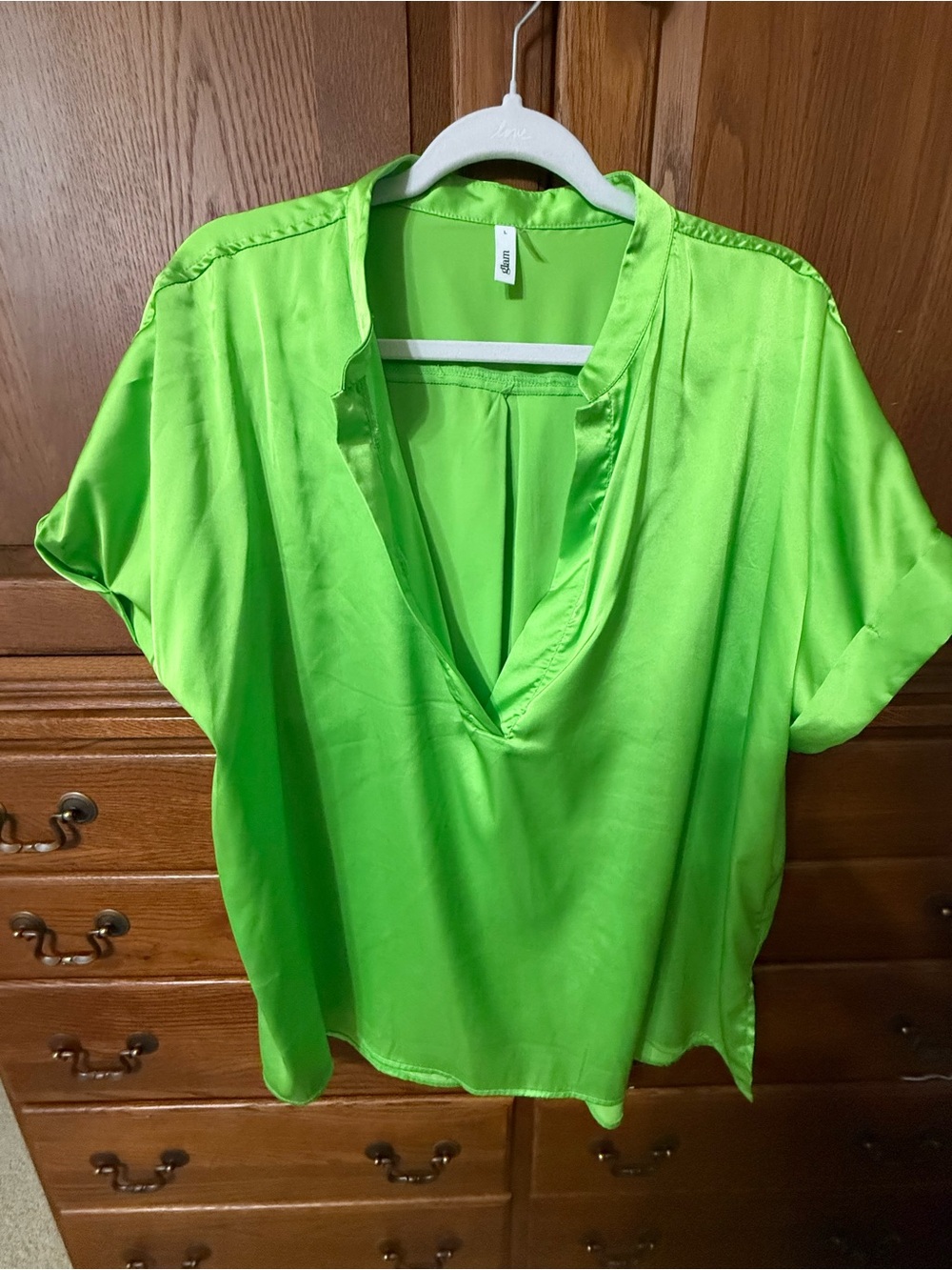 glam Neon Green V-Neck Satin Blouse - Women Tops